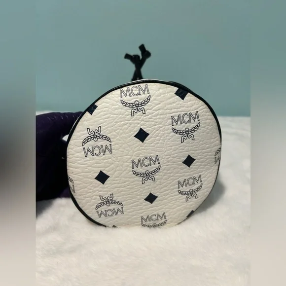 MCM white and blue mini bucket. Authentic and pre-owned